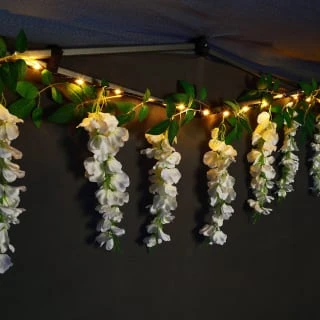 Solar Powered 180cm Artificial Leaf Garland With Wisteria Flowers - Warm White