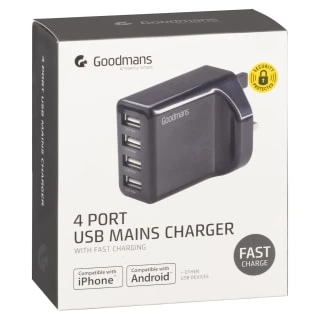 Goodmans 4 Port USB Fast Charger - Black