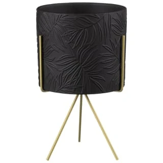 B&M Leaf Embossed Planter On Gold Stand - Black