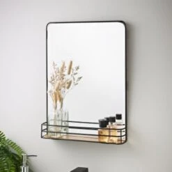 B&M Black Mirror With Wooden Shelf